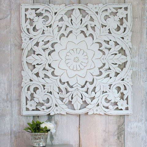Flower Detail Large White Carved Wall Panel
