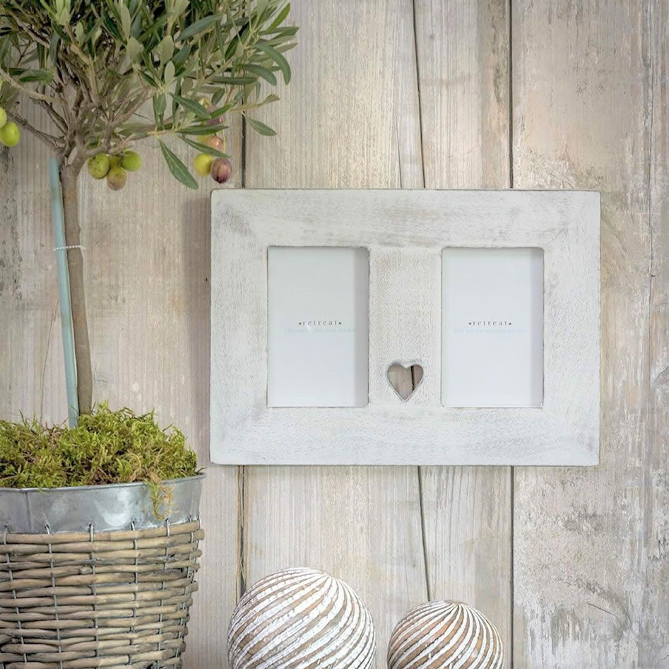 Heart Detail Double White Wooden Frame