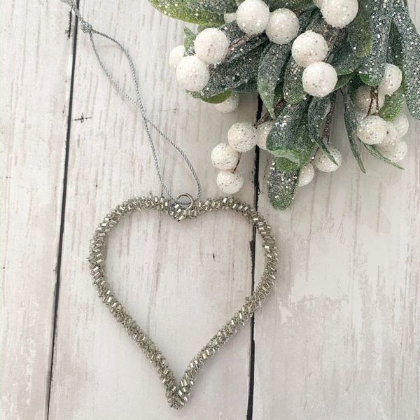 Silver Beaded Hanging Heart - 9cm