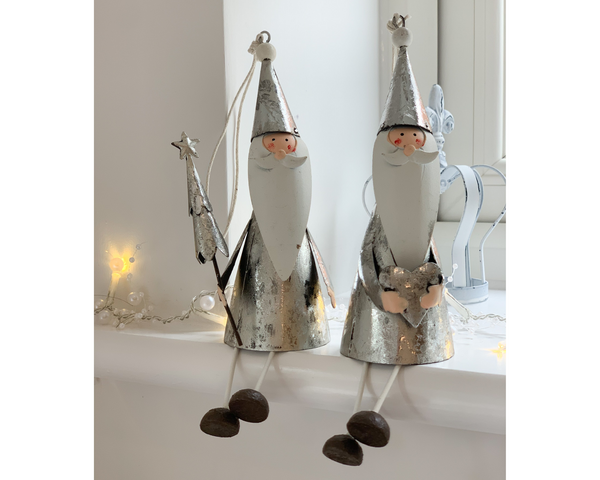 Pair Of Rustic Hanging Silver Santas