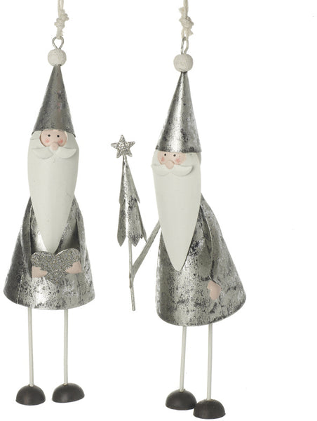 Pair Of Rustic Hanging Silver Santas