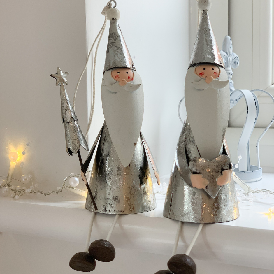 Pair Of Rustic Hanging Silver Santas