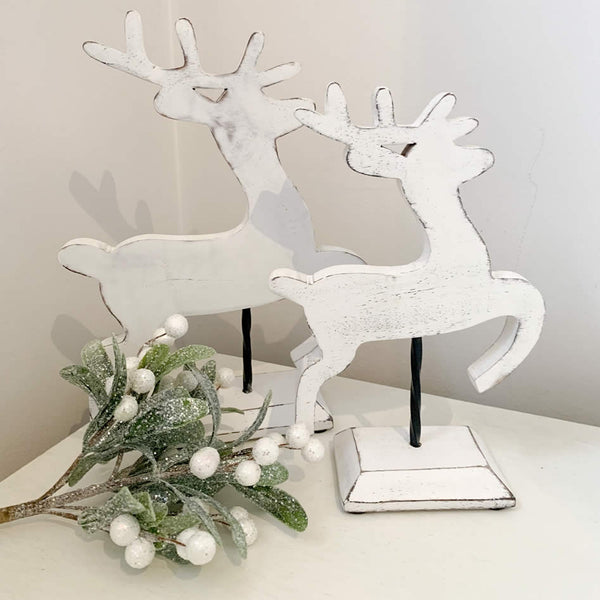 Set of Two White Wooden Reindeers