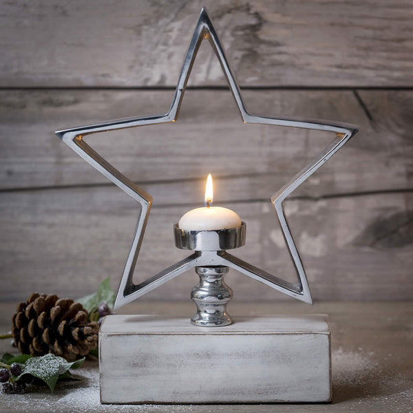 Silver Star Tea-Light Holder On White Wooden Base