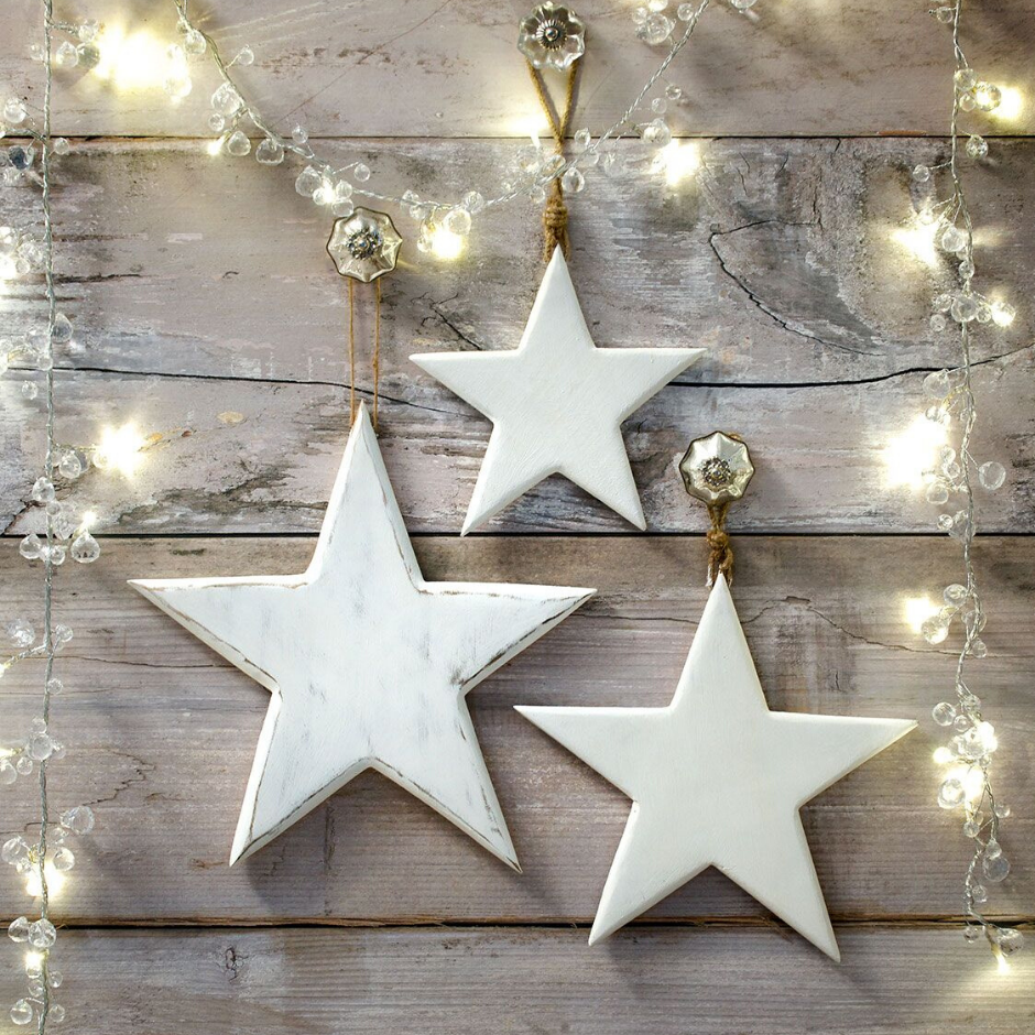 Set of 3 Distressed White Wooden Stars