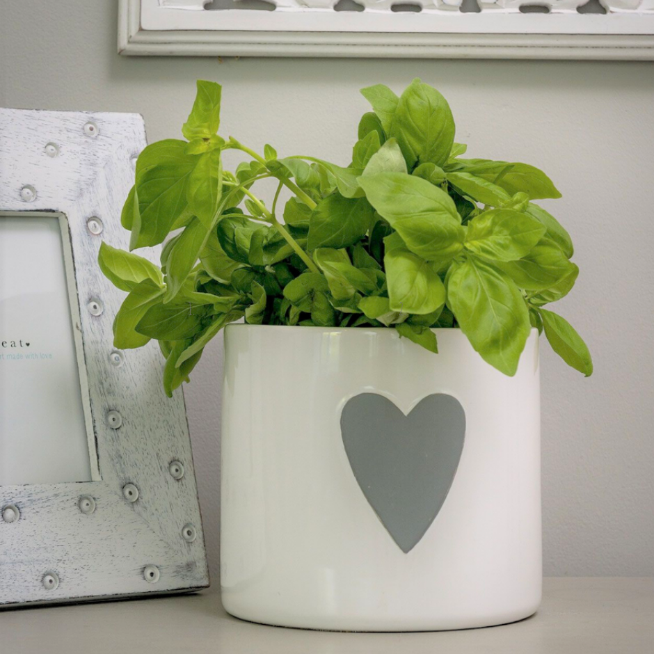 White Ceramic Planter with Grey Heart