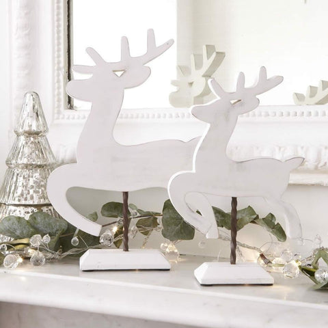 Set of Two White Wooden Reindeers