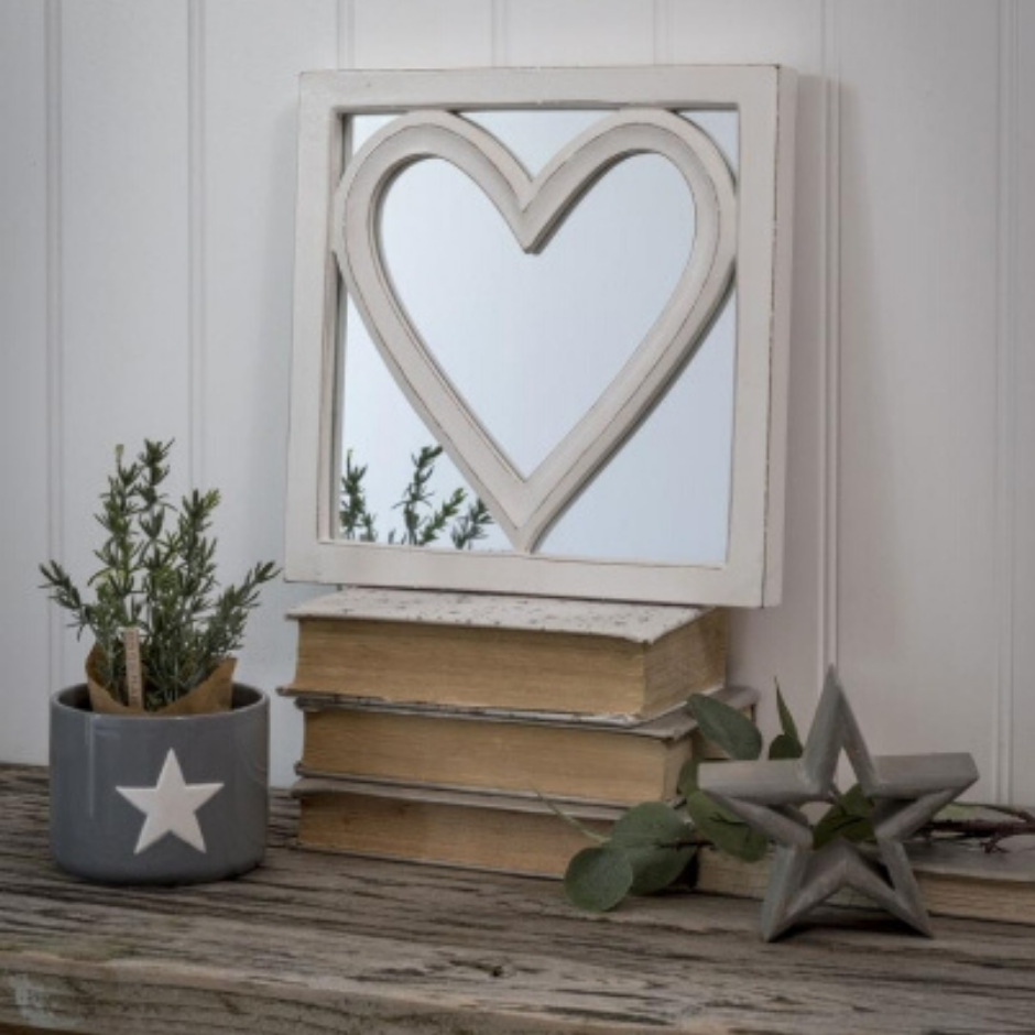 White Wooden Heart Detail Mirror